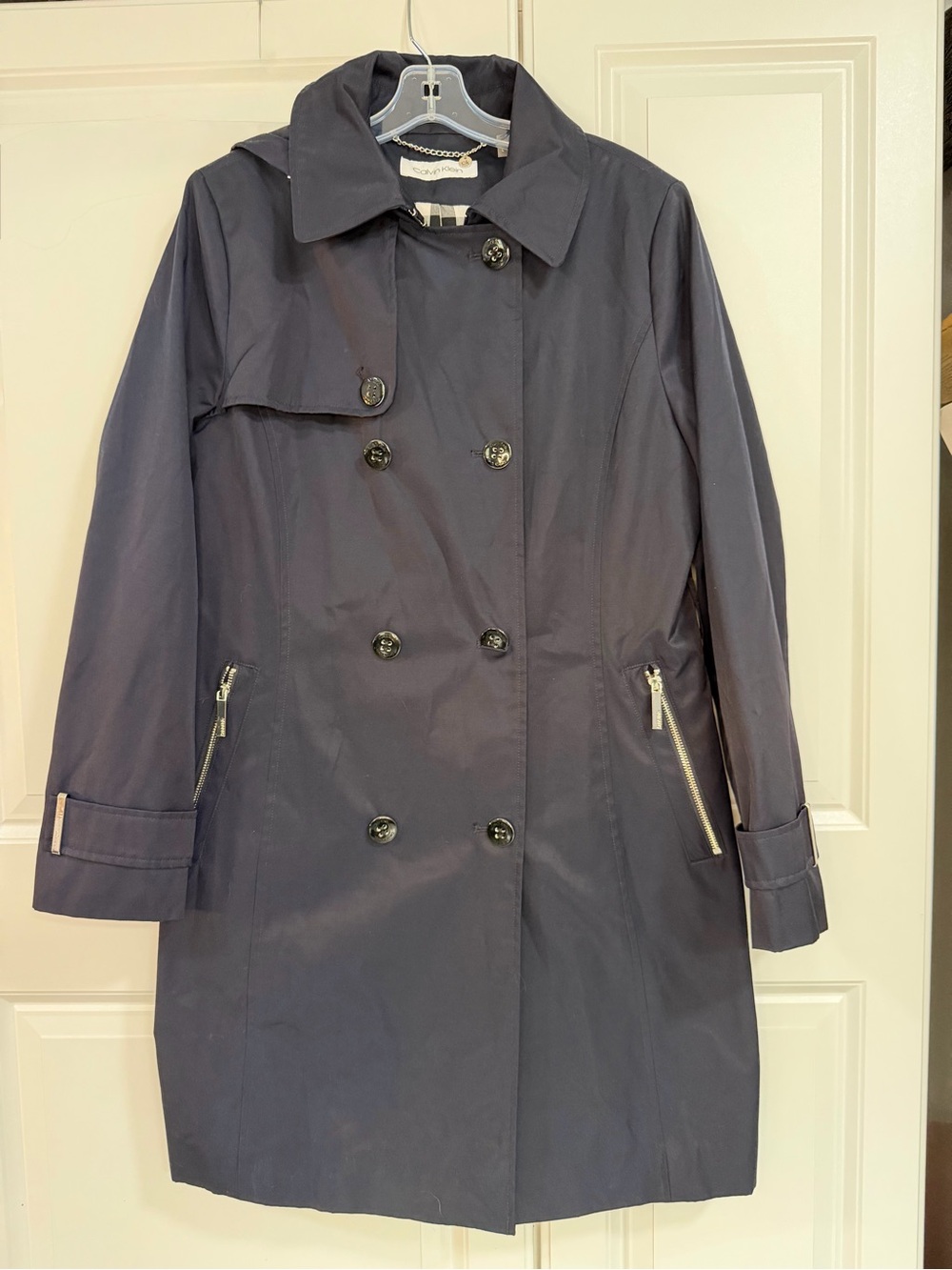 Calvin Klein Water-Resistant Hooded Double-Breasted Trench Coat Navy Blue NWOT
